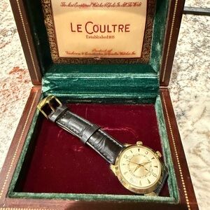 LeCoultre Vintage Gold Filled Alarm Watch with Black Leather Strap